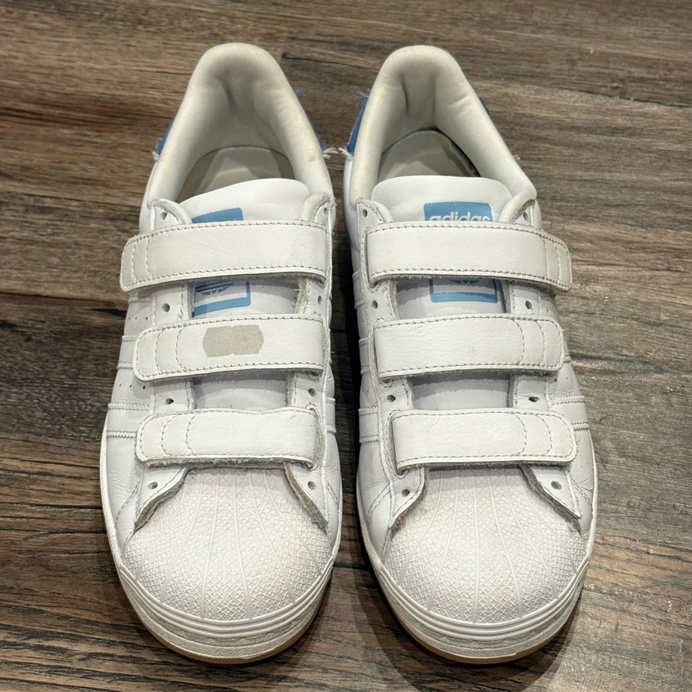 Adidas Women’s White and Blue Strap Sneakers